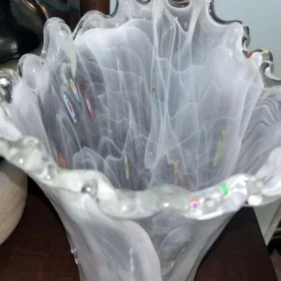 Large Italian Millefiori Arte Murano Lavorazione White Cased Vase 15 Inc…